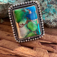 Beautiful Handmade Peacock Dahlia Rectangle Sterling Silver Adjustable Ring