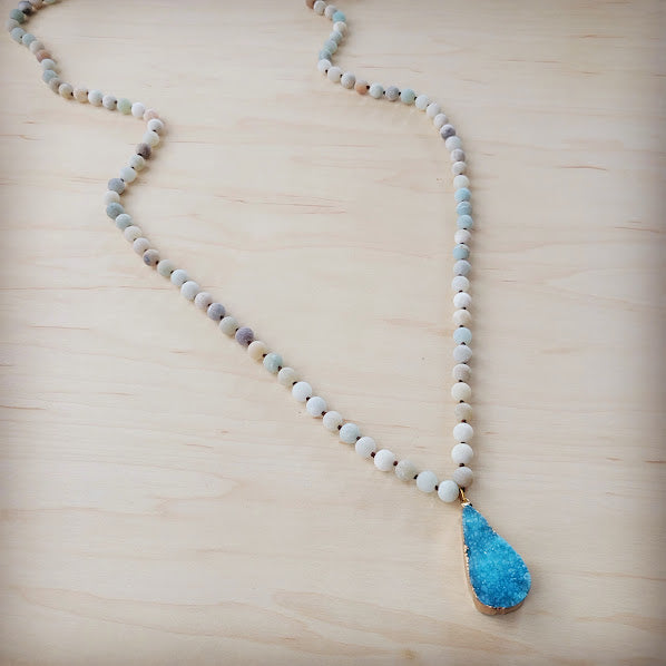 Frosted Amazonite Long Beaded Necklace with Agate Pendant 260o