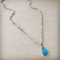 Frosted Amazonite Long Beaded Necklace with Agate Pendant 260o