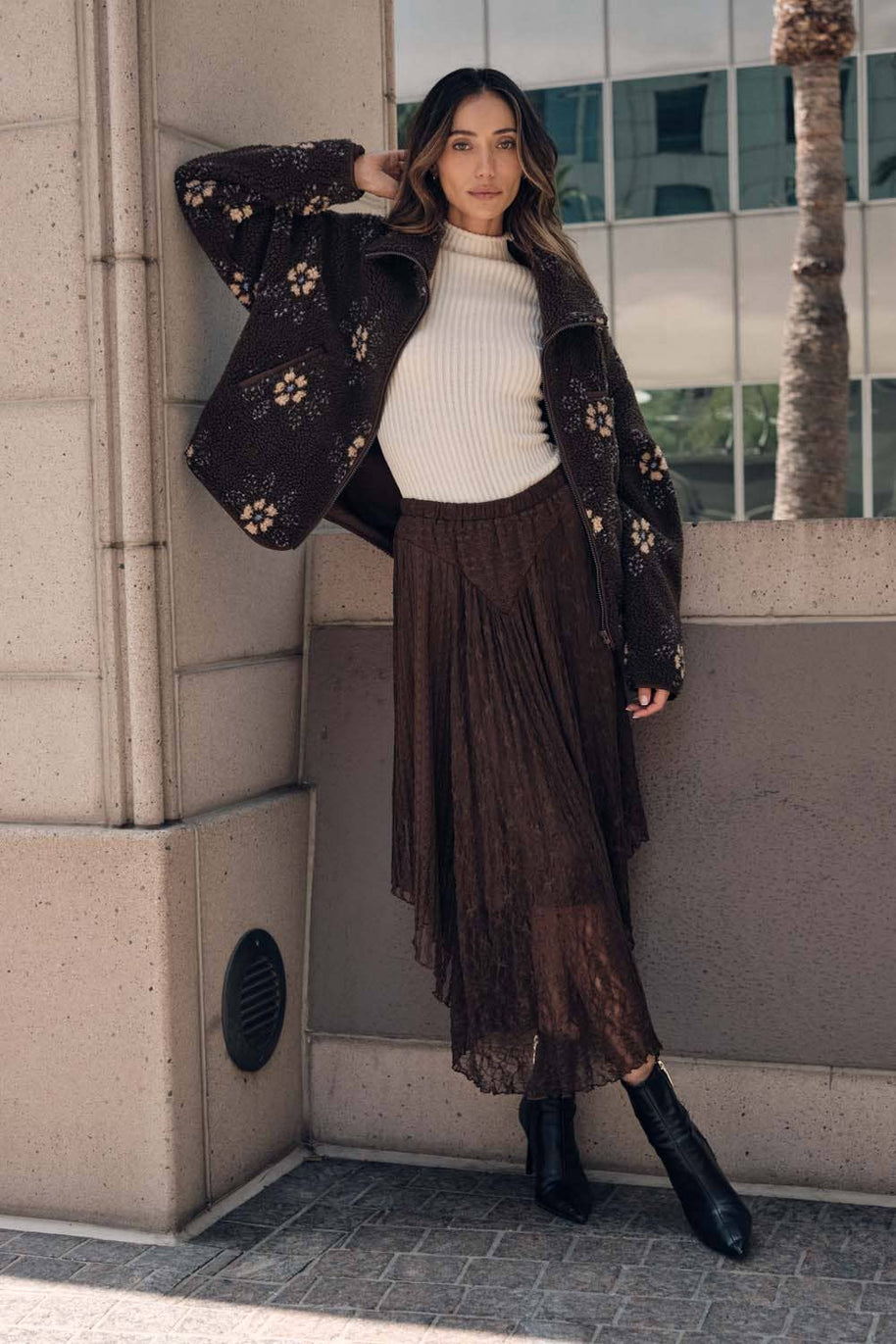 Lace Curved-Hem Midi Skirt, Chocolate