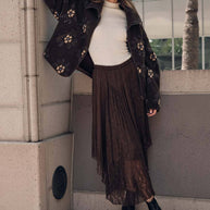 Lace Curved-Hem Midi Skirt, Chocolate