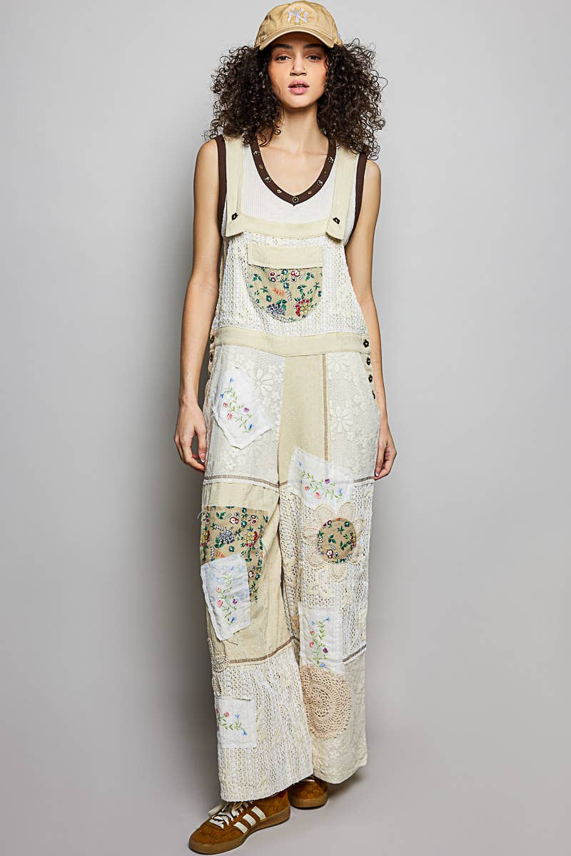 Floral Patchwork Woven Overalls