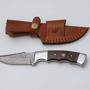 Handmade Damascus Steel Knife with Wenge Wood Handle & Leather Sheath