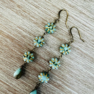 Aqua and Gold French Flower Drop Earrings