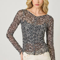 Lettuce Hem Mesh Print Top