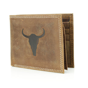 Men’s Bi-Fold Wallet with Bison Skull, Tan