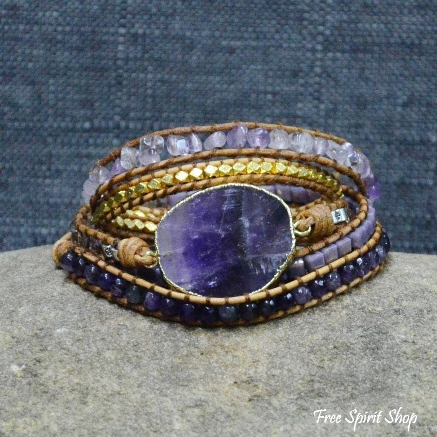 Amethyst Gemstone Leather Wrap Bracelet, Boho Beaded Strap