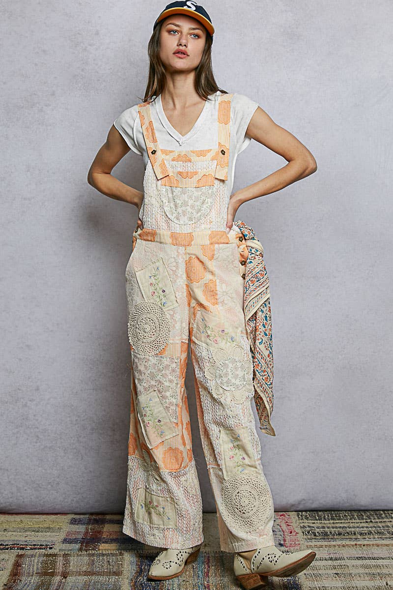 Floral Patchwork Woven Overalls