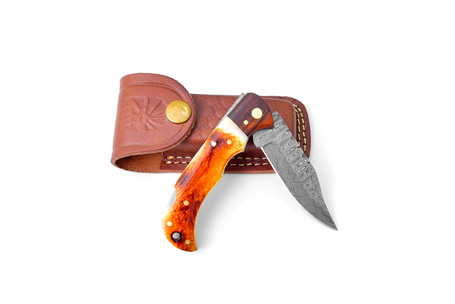 Damascus Burnt Bone pocket knife Limited Run