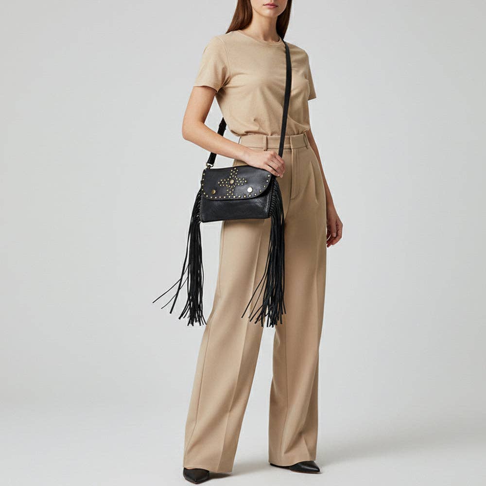 Spaghetti Western Leather & Fringe Envelope Purse, Black