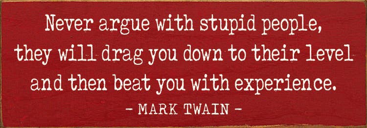Never argue with stupid people  - Funny Wood Mark Twain Sign