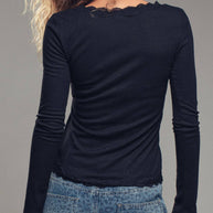 Lace Trim Button-Front Ribbed Knit Top