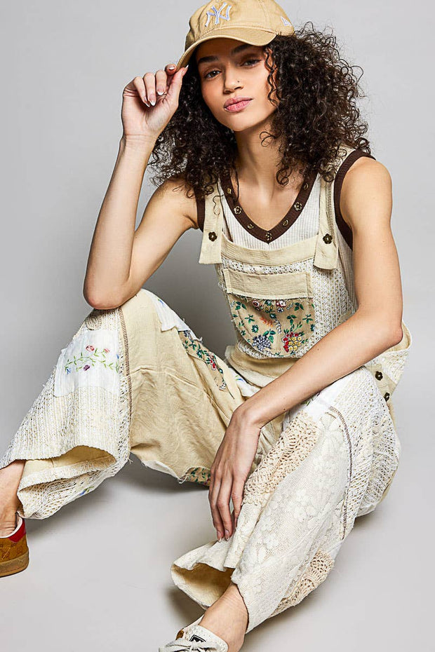 Floral Patchwork Woven Overalls