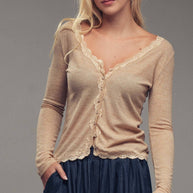 Lace Trim Button-Front Ribbed Knit Top