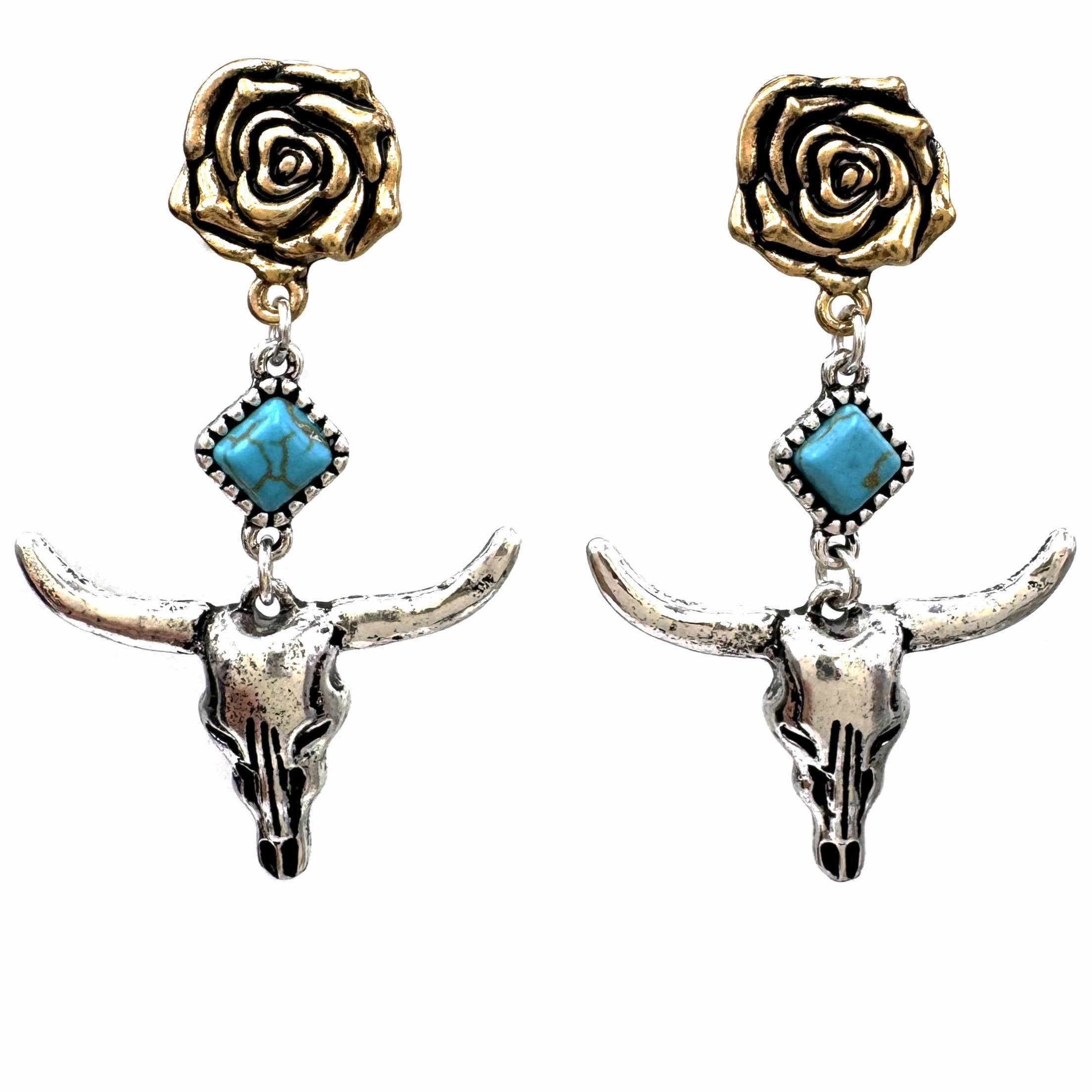 Longhorn Turquoise Stone Rose Stud Earrings