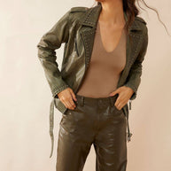 Aansila Green Leather Biker Jacket