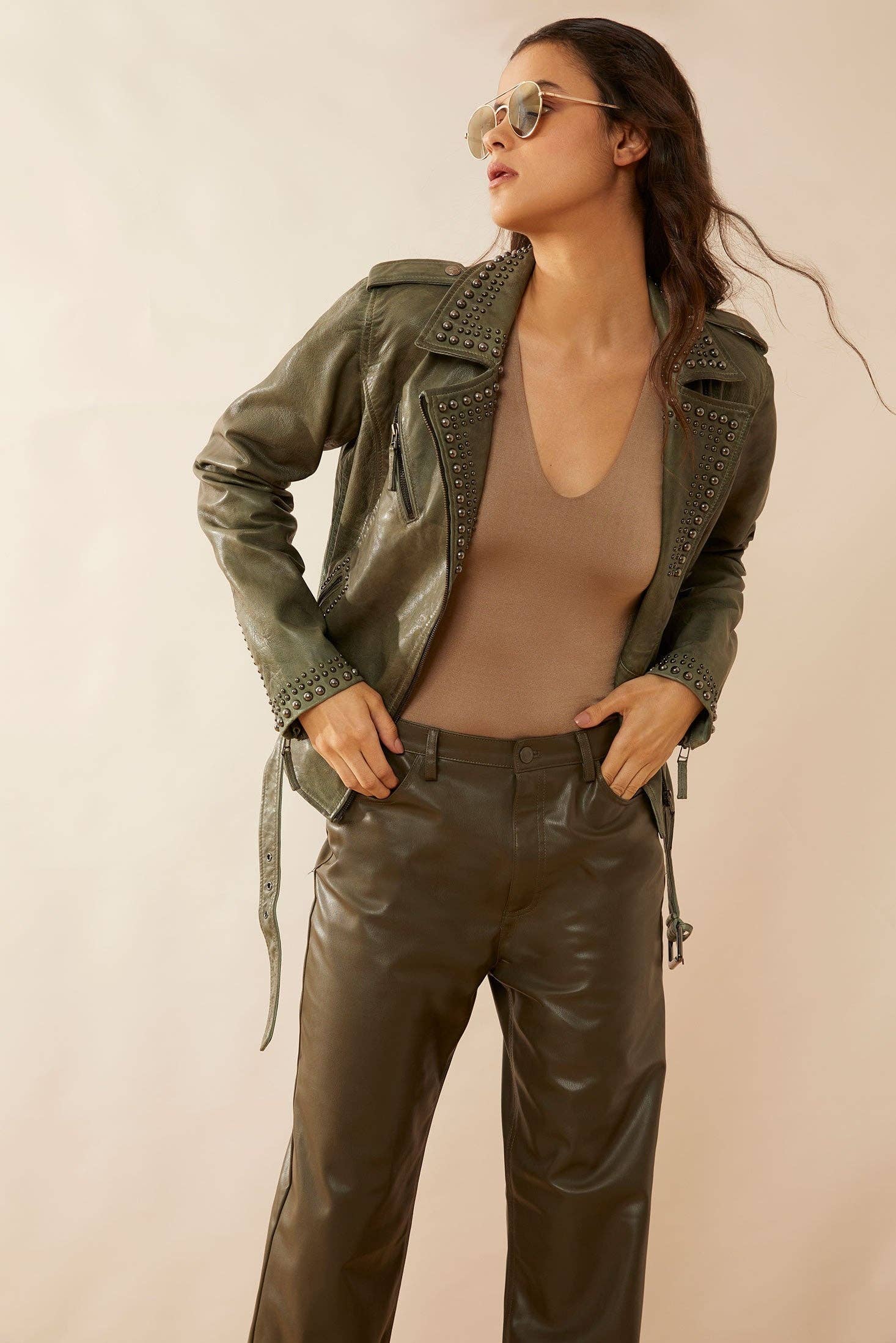 Aansila Green Leather Biker Jacket