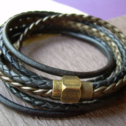 Triple Wrap Leather Bracelet with Antique Brass Magnetic Clasp