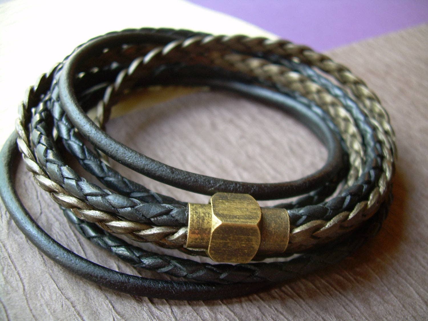 Triple Wrap Leather Bracelet with Antique Brass Magnetic Clasp