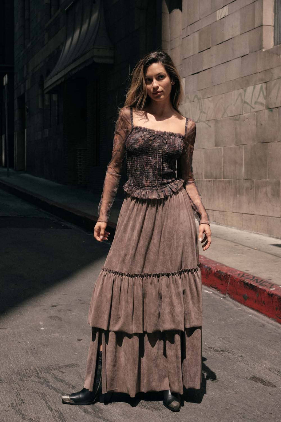 Faux Suede Tiered Maxi Skirt