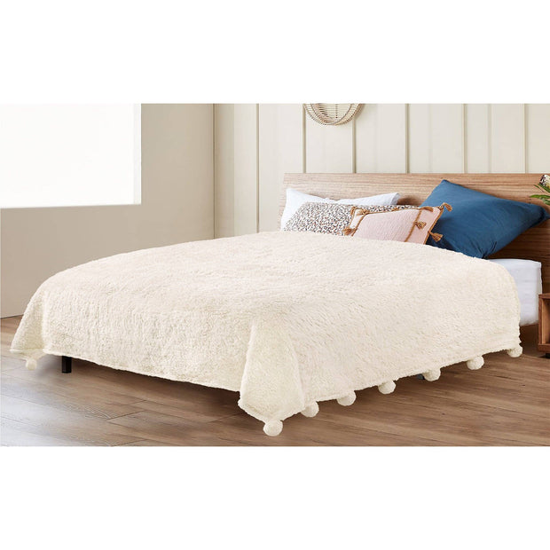 Pom Pom Twin Sherpa Blanket, Cream