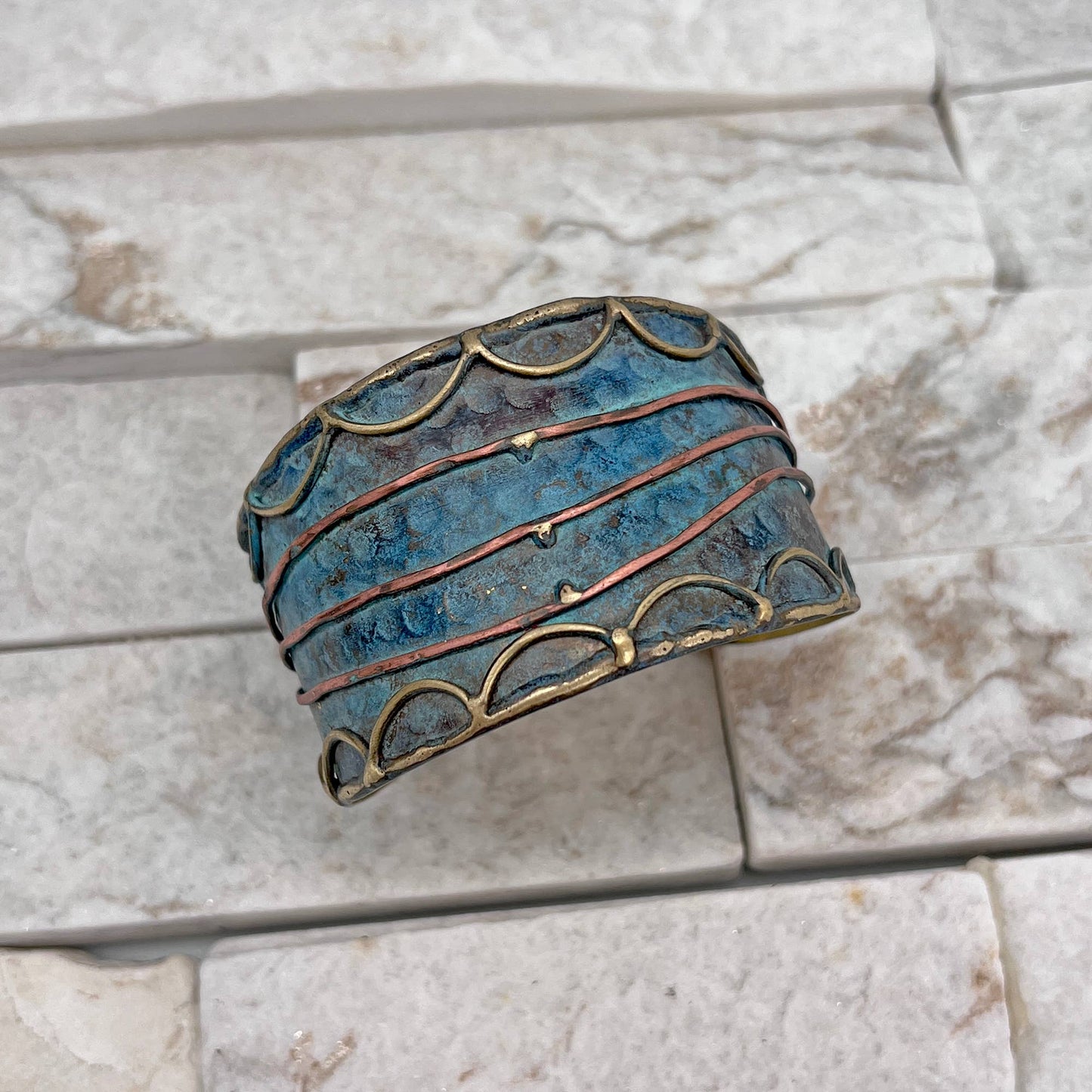 Brass Patina Cuff Bracelet - Rustic Blue Rushing River