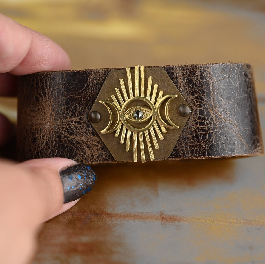 Leather Cuff w/ Eye Moon & Stone