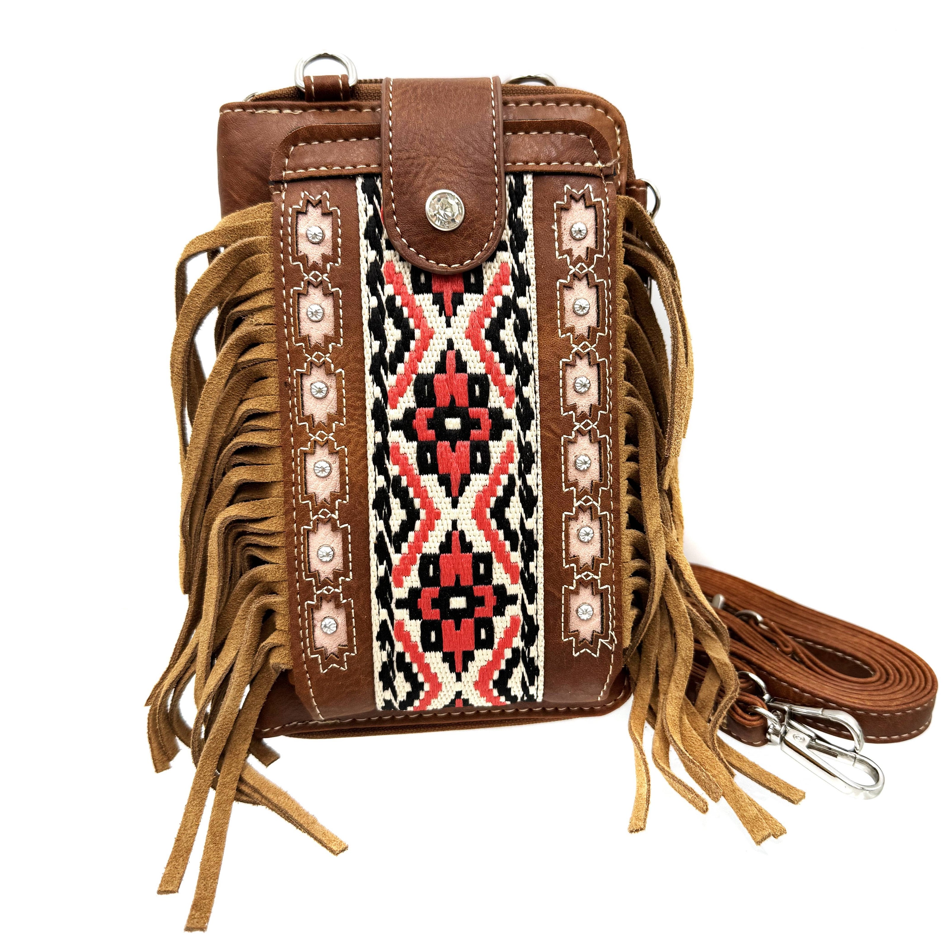 Aztec Tribal Print Fringe Crossbody Western Phone Wallet