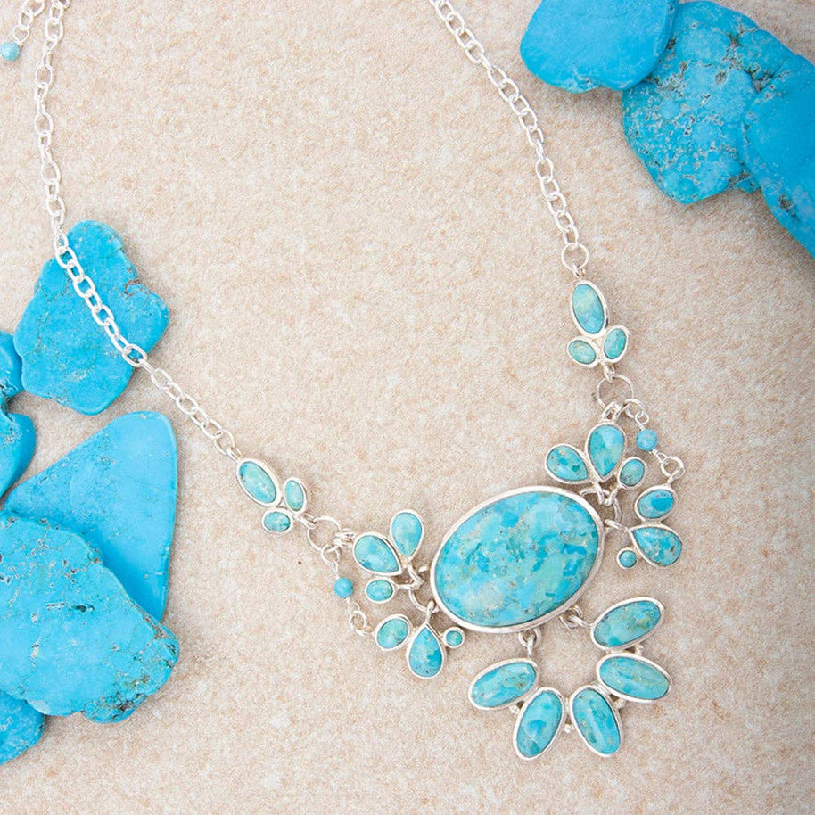 Genuine Blue Turquoise Sterling Silver Statement Necklace