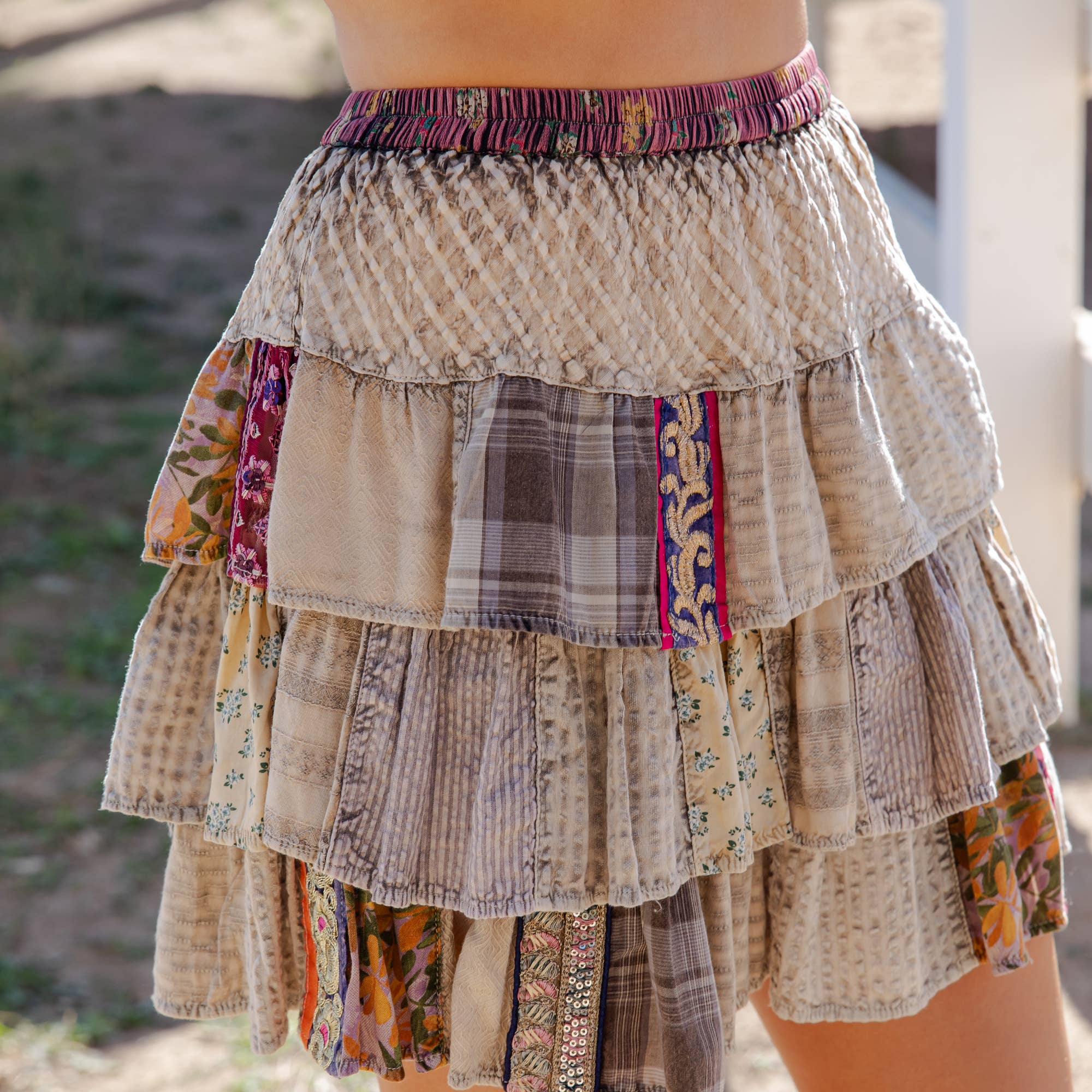 Patchwork Ruffle Tiered Mini Skirt