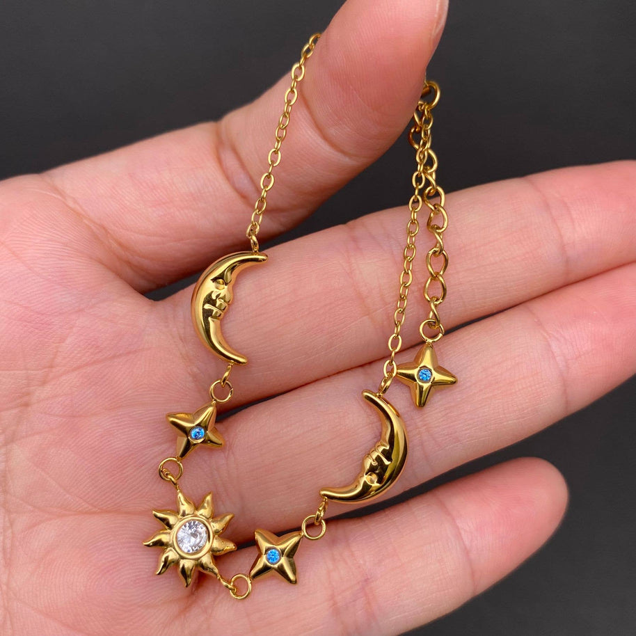 Sun Moon Stars 18K GP S.Steel Bracelet