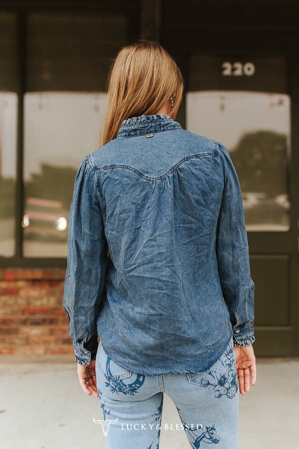 Dark Wash Long-Sleeve Denim Pearl Snap Shirt