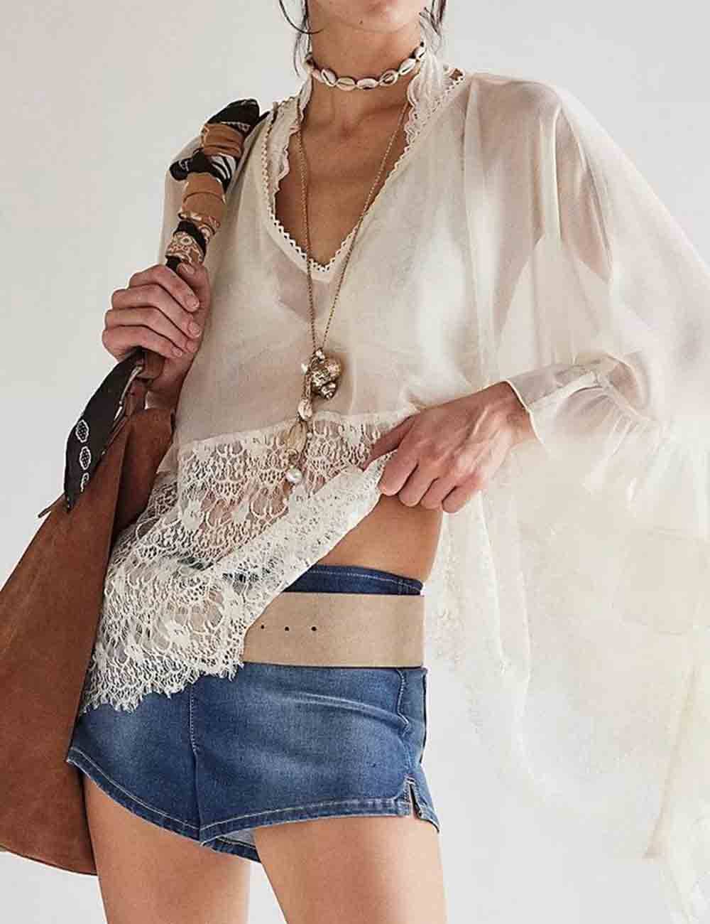 Lace Ruffle Batwing Blouse