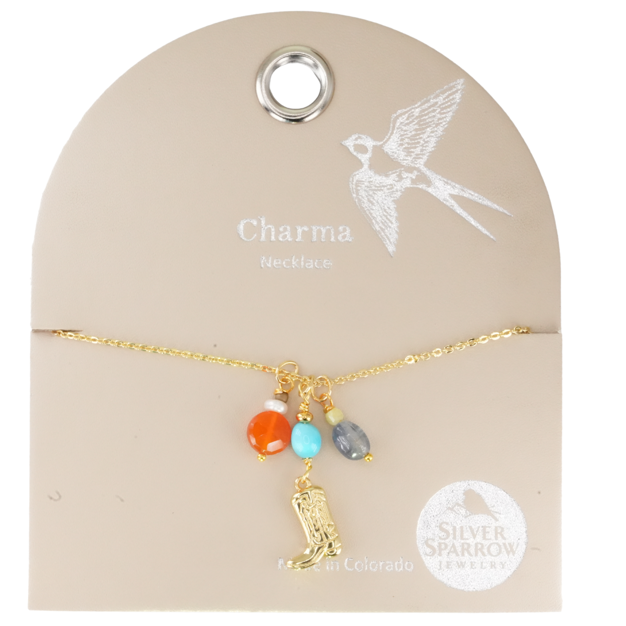 Charma Gold Western Boot Necklace with Stone Bauble Charms