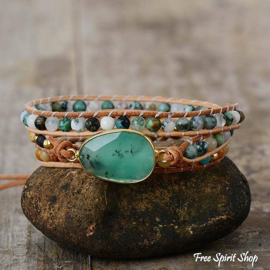 Green Jade & Jasper Wrap Bracelet, Boho Bead Bracelet