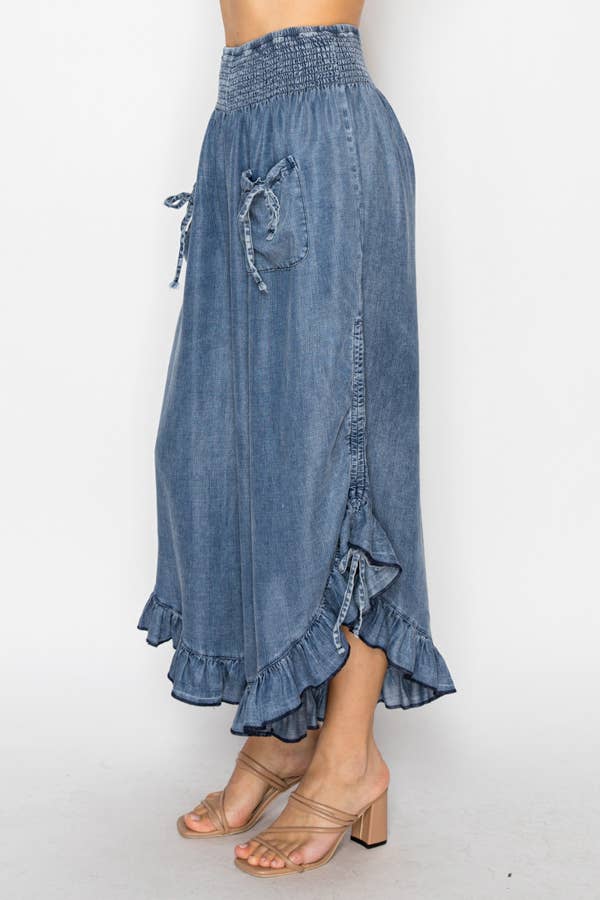 Smocked Ruffle Chambray Pants