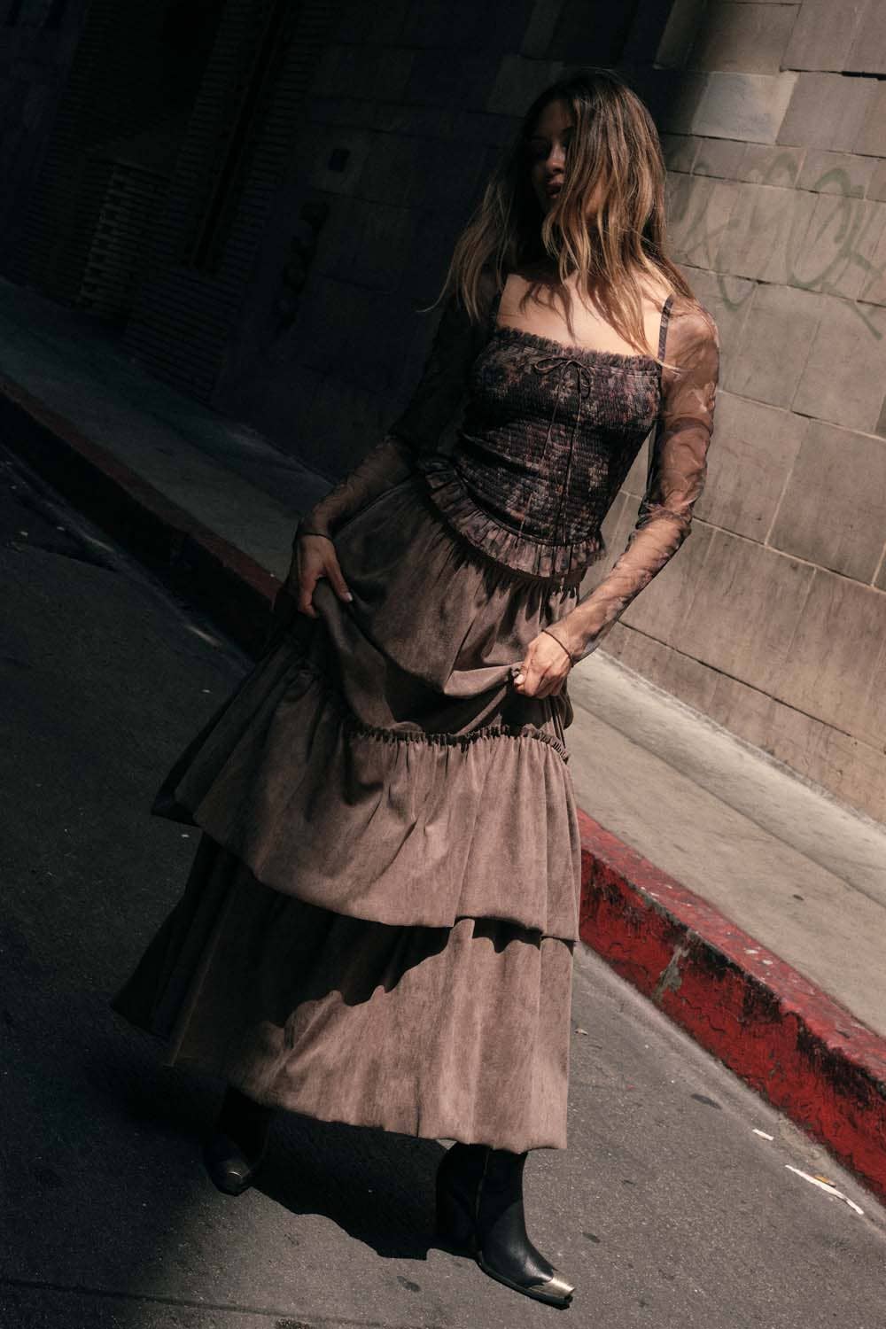 Faux Suede Tiered Maxi Skirt