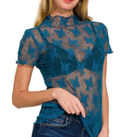 Lace Short-Sleeve Layering Top, Teal