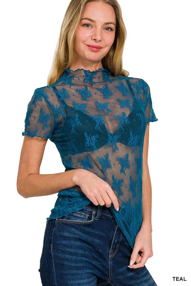 Lace Short-Sleeve Layering Top, Teal