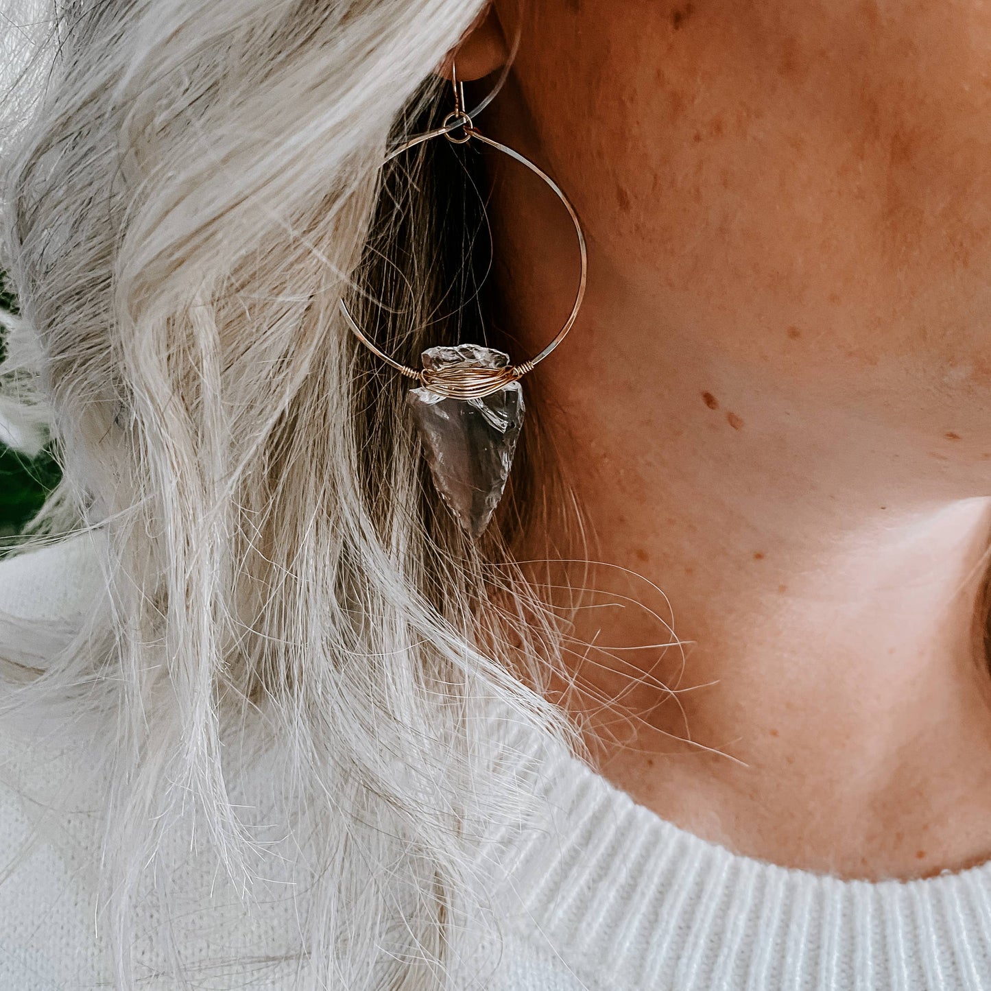 Quartz Crystal Arrowhead Hoops: Sterling Silver