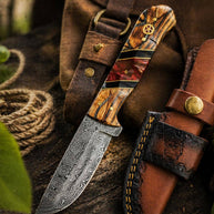 Damascus Drop Point Knife | Bocote Wood & Ruby Red Resin Handle