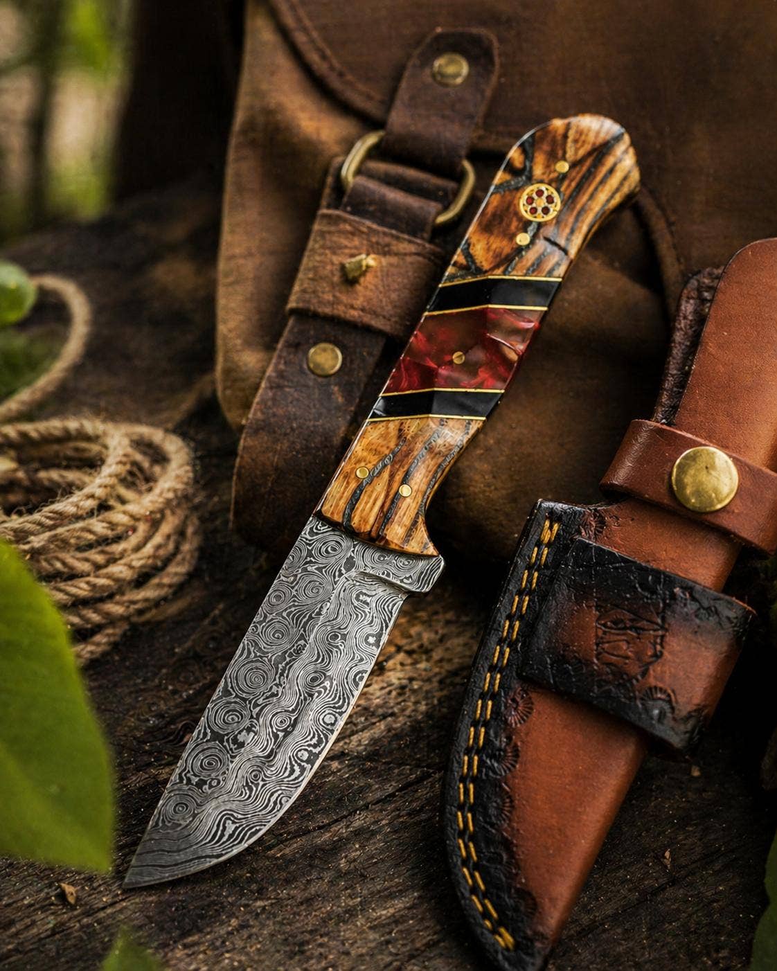 Damascus Drop Point Knife | Bocote Wood & Ruby Red Resin Handle
