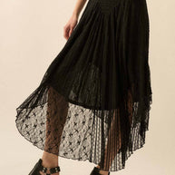Lace Curved-Hem Midi Skirt, Black