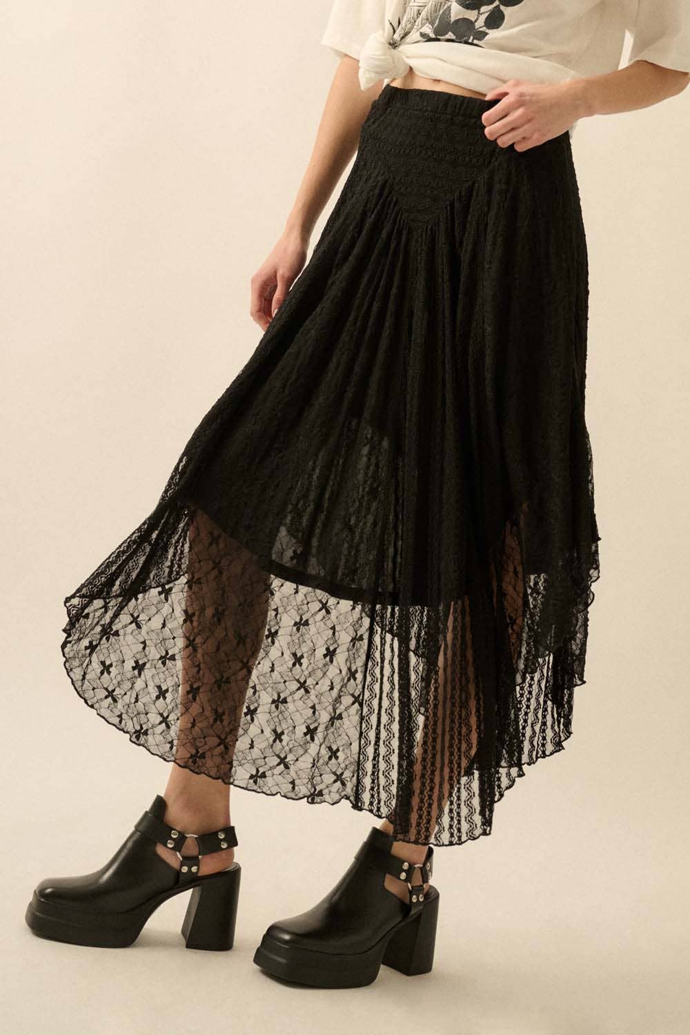Lace Curved-Hem Midi Skirt, Black