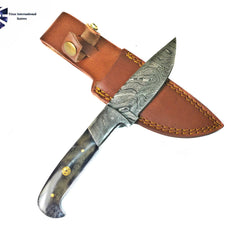 Damascus Hunting Knife with Dyed Bone Handle, Handmade