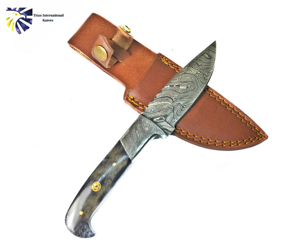 Damascus Hunting Knife with Dyed Bone Handle, Handmade