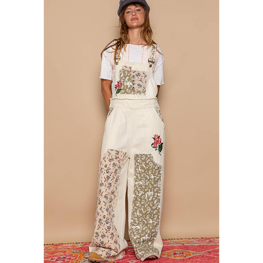 Patchwork Denim Overall, Almond