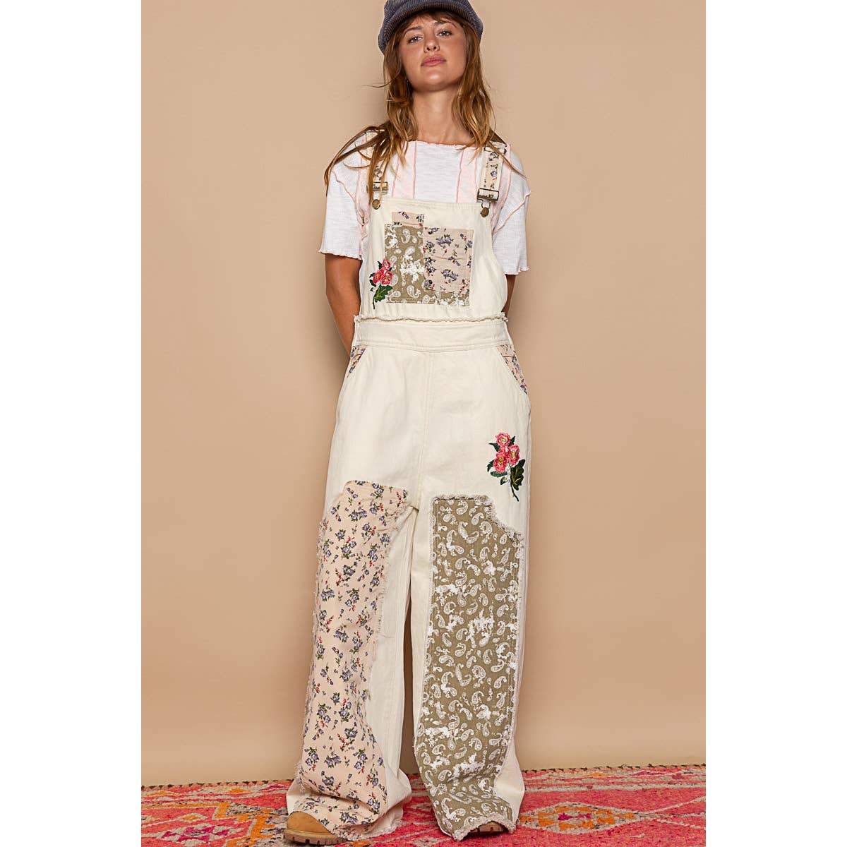 Patchwork Denim Overall, Almond