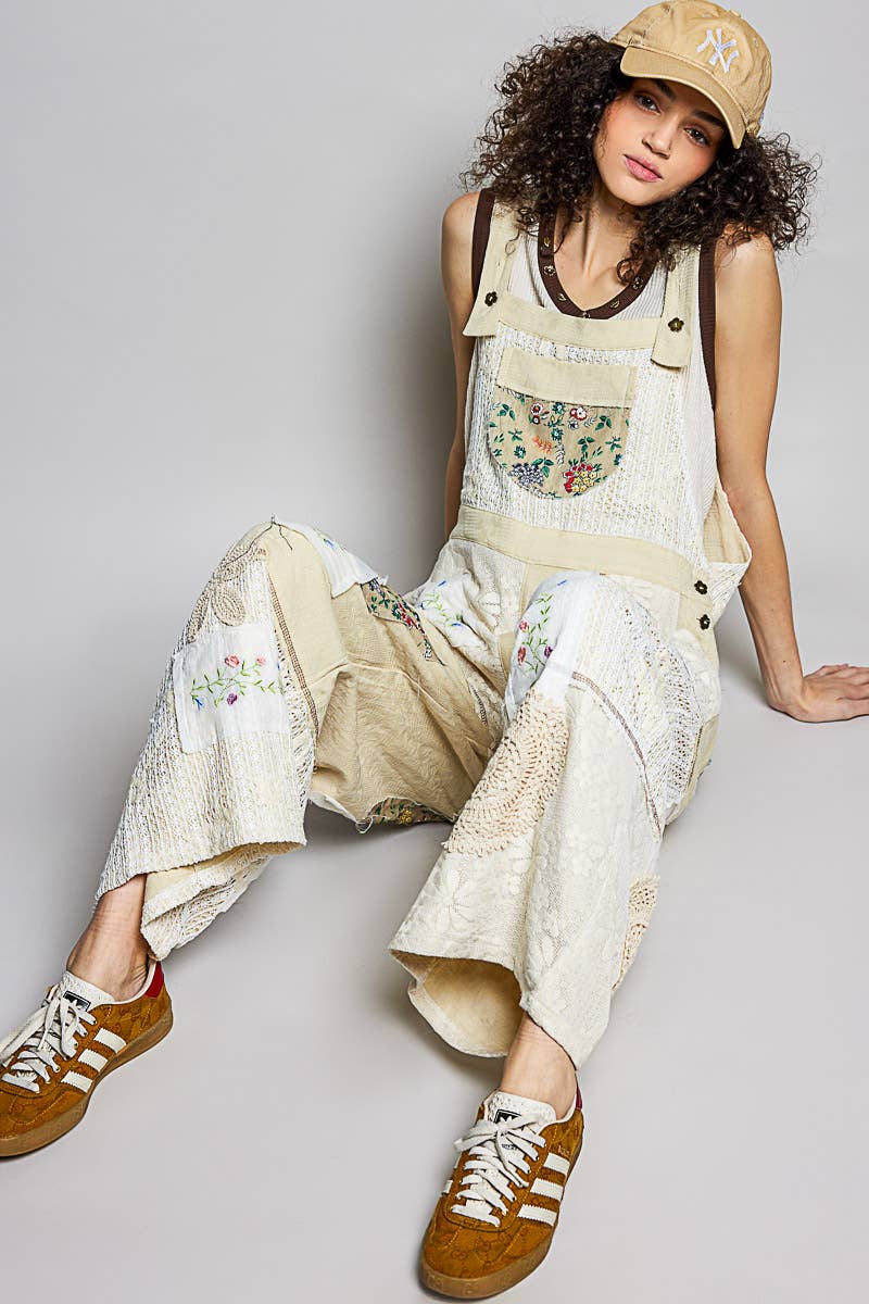 Floral Patchwork Woven Overalls