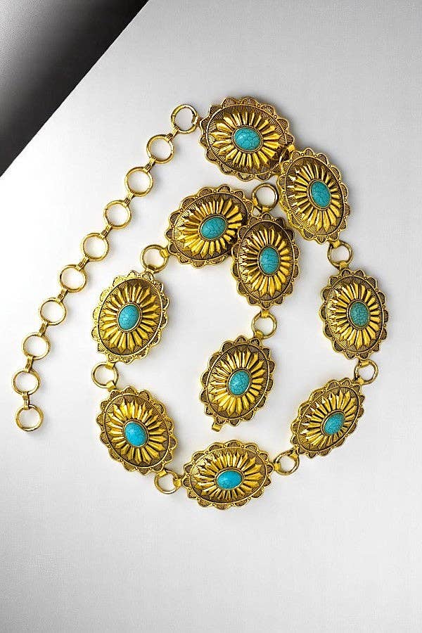 Turquoise Gem Gold Concho Belt